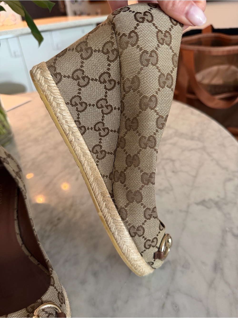 Gucci Beige Monogram Peep-Toe Heels espadrille with Horsebit - Picture 6 of 9